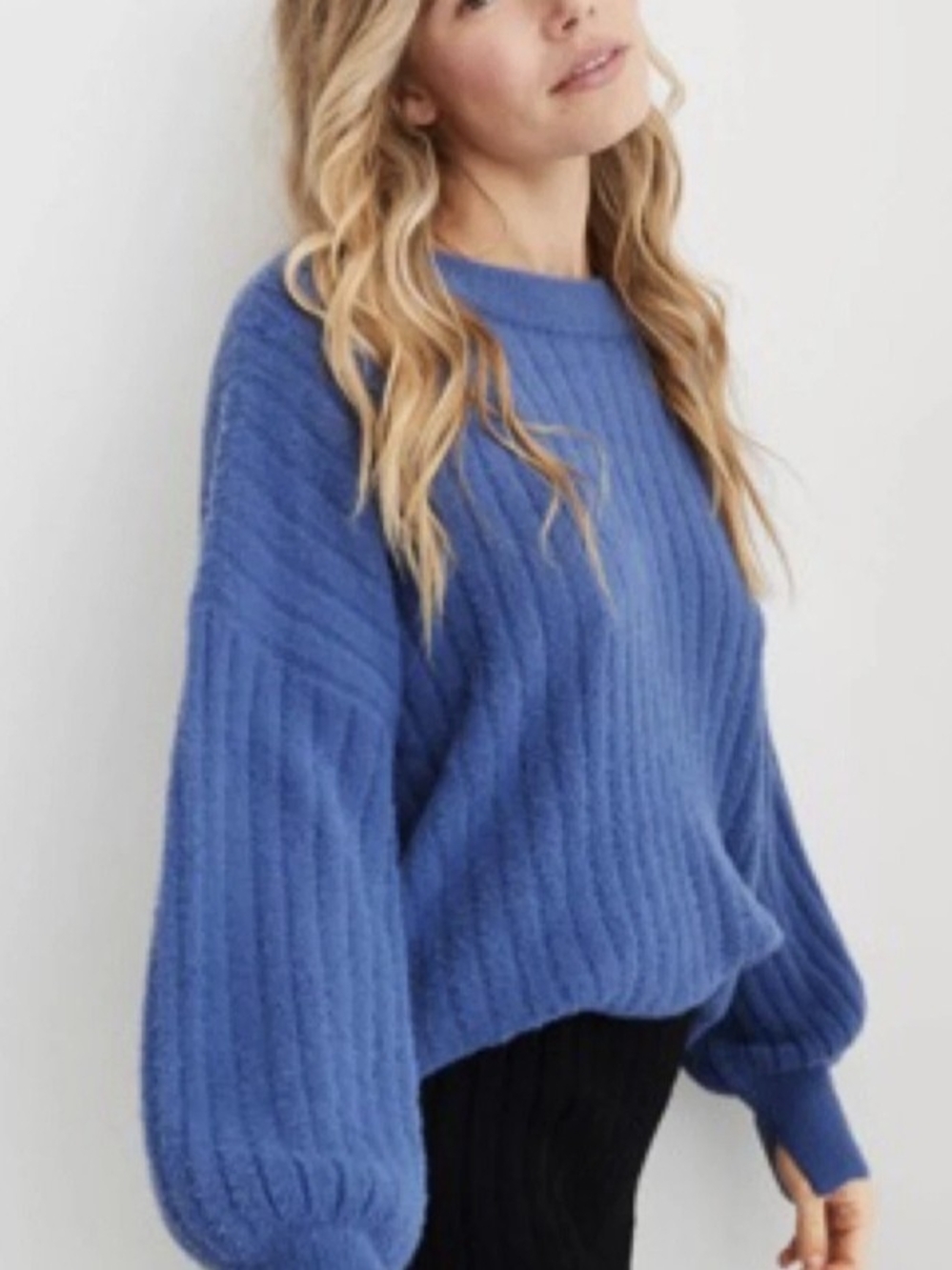 aerie Blue Ribbed Crewneck Sweater C1(10)